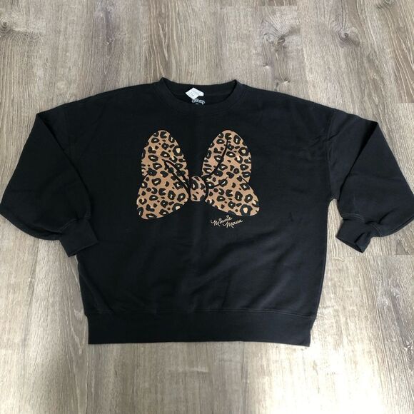 Disney Minnie Mouse Leopard Print Bow Black Crewneck Sweatshirt Women's Small - Picture 1 of 9